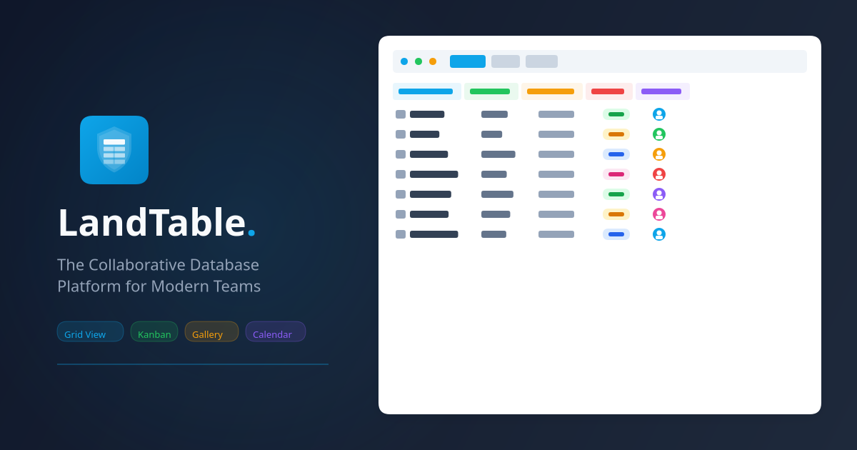 LandTable grid view showing a project tracker with multiple field types and real-time collaboration